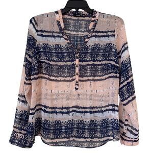 a.n.a A. New Approach, Large Sheer, Long Sleeve V-neck Navy Blue Peach Blouse